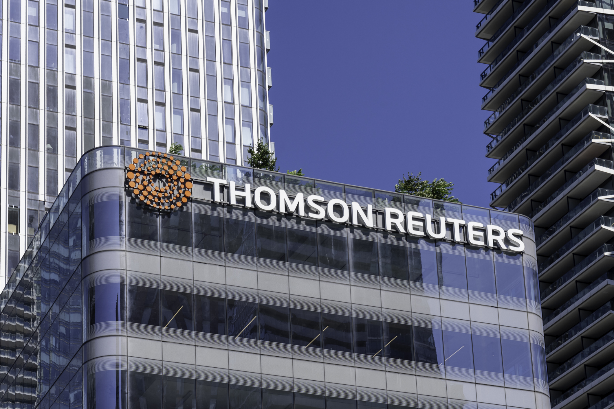 Toronto, Canada - August 3, 2026: The global headquarters of Thomson Reuters office building in Toronto, Ontario, Canada. Thomson Reuters Corporation is a Canadian multinational content driven technology conglomerate.