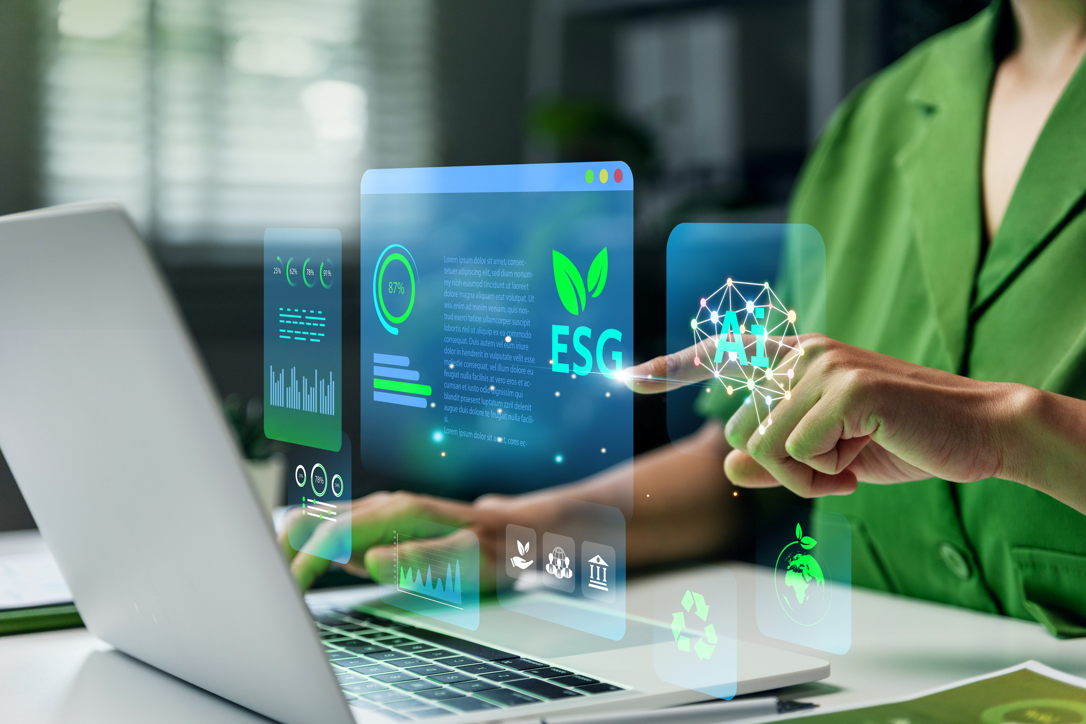 Woman using laptop with analyze ESG data and sustainable investment trends with support from artificial intelligence tools.
