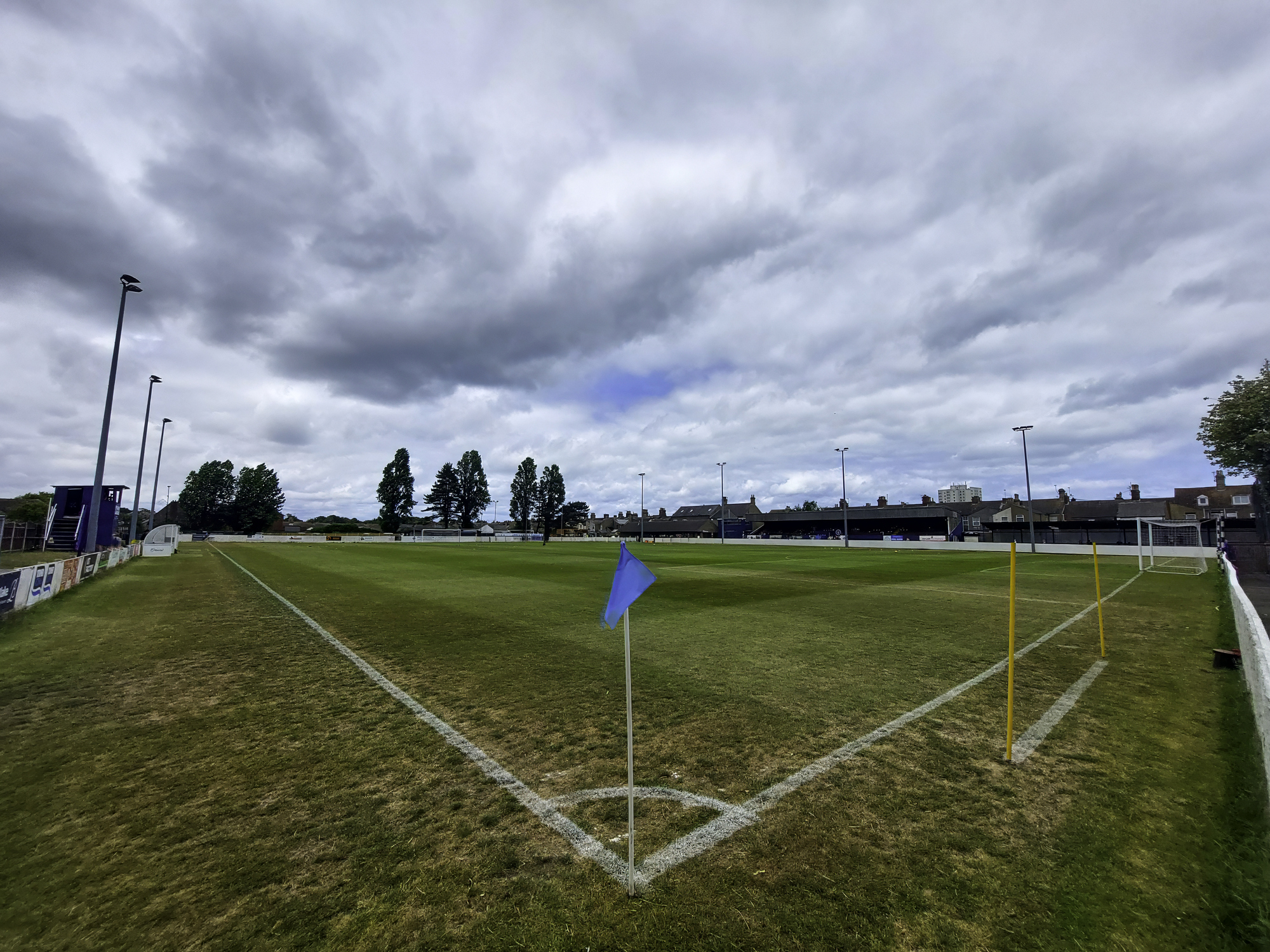 Lowestoft, Suffolk, UK - 5th July 2025: Grey clouds over Crown Meadow, home of Lowestoft Town Football Club in Suffolk, UK