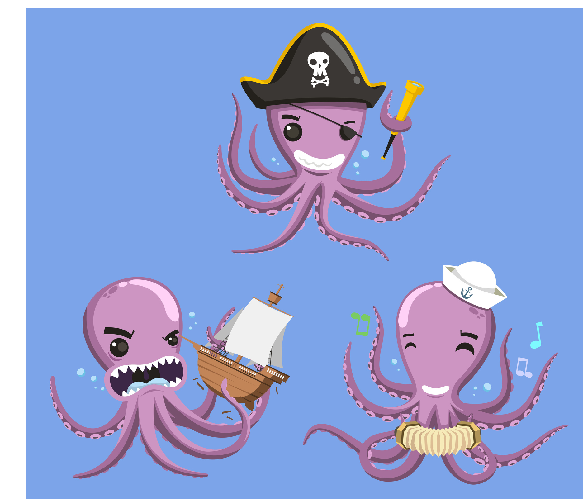 Octopus octopuses mollusk ocean coral reef animal, vector illustration cartoon.