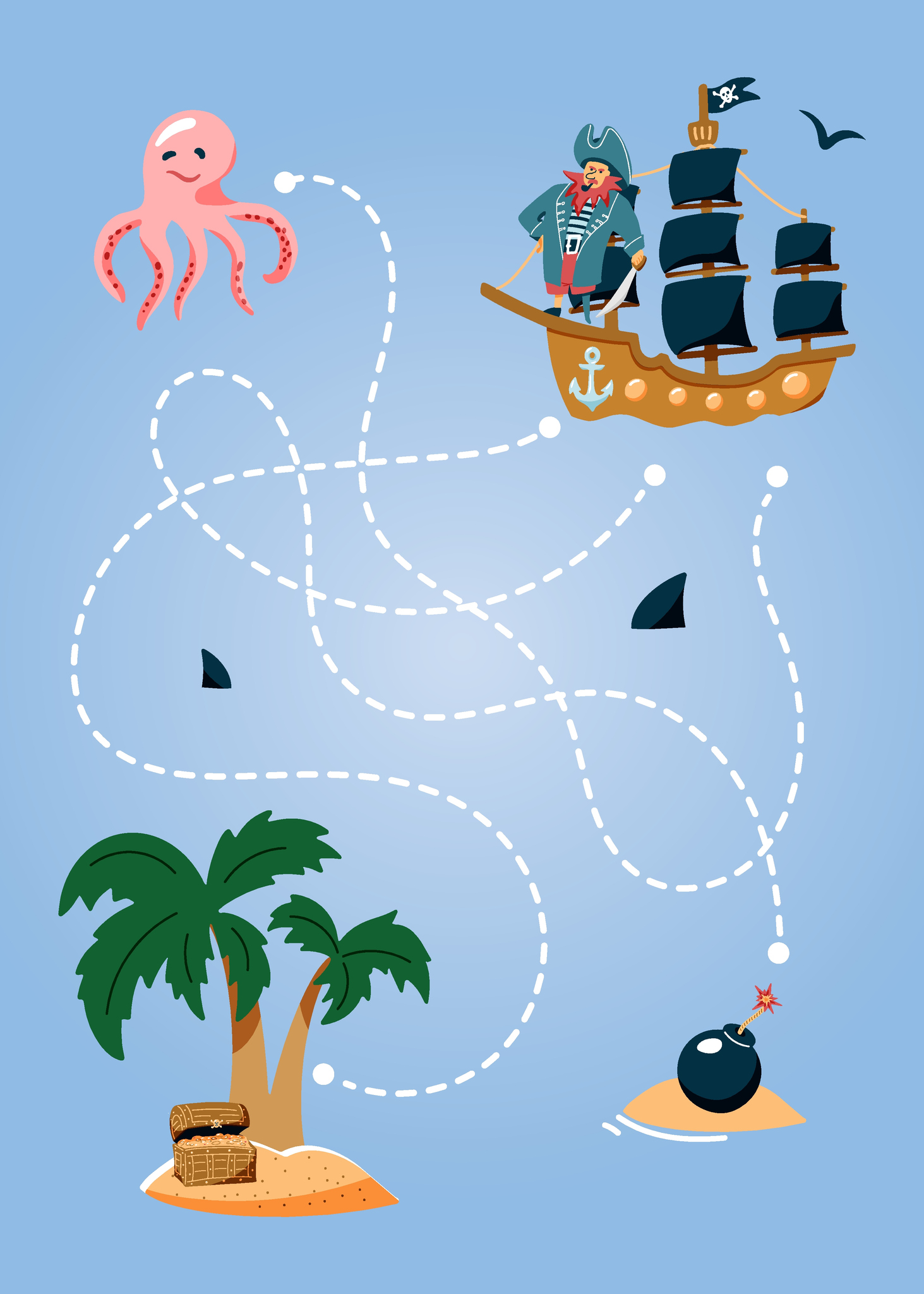 Help the pirate ship find the way to the island. Cute cartoon pirate maze game. Labyrinth. Funny game for children education. Vector illustration