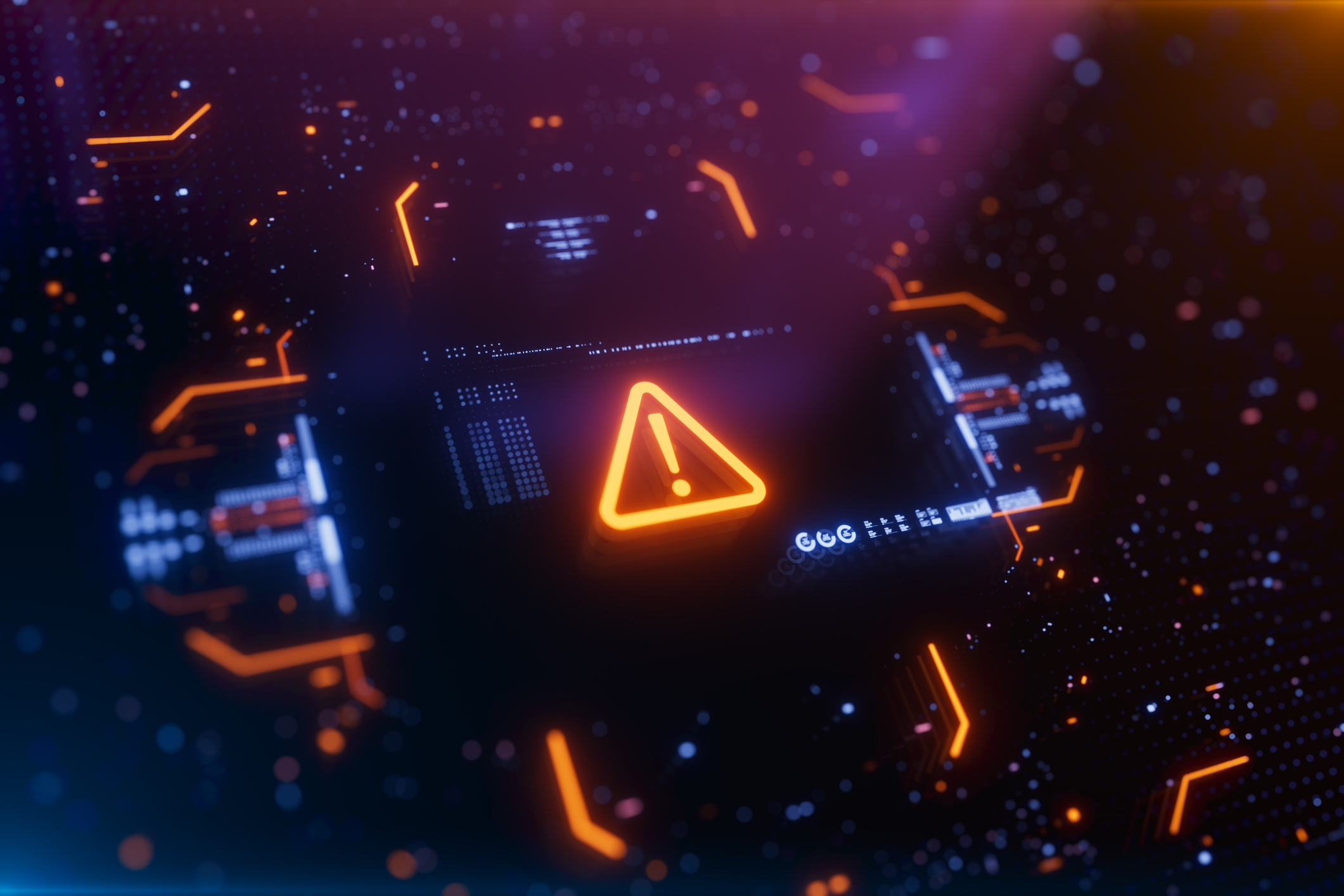 Warning icon on a digital LCD display with reflection. Concept of cyber attack, malware, data breach, system hacking, virus, spyware, compromised information and urgent attention.