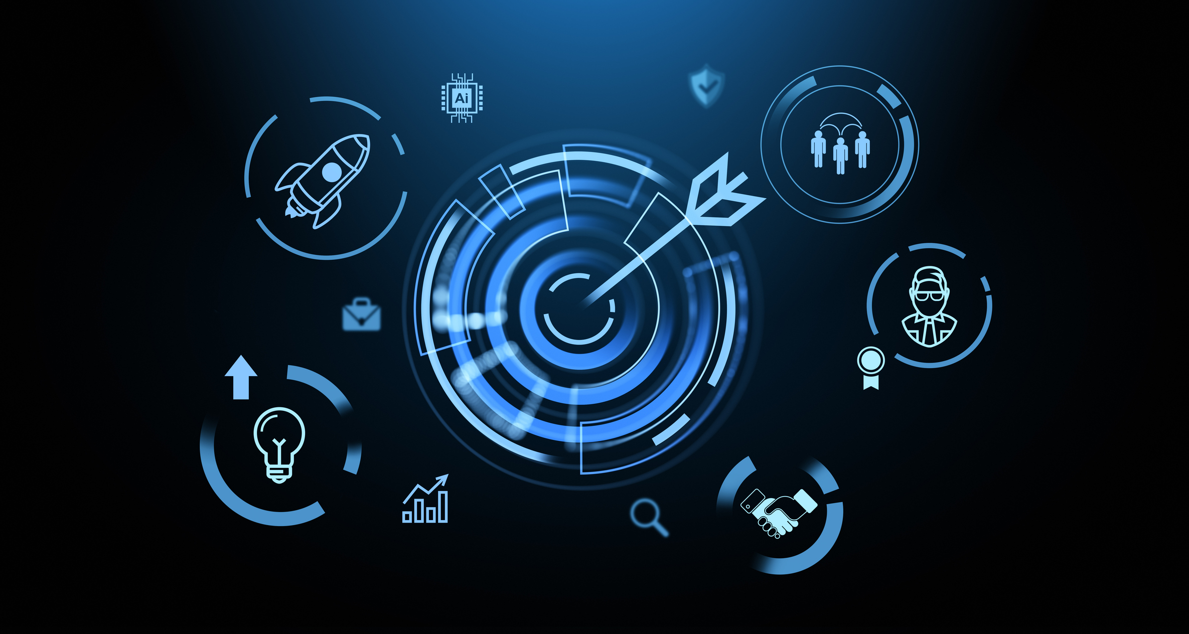 Glowing business goal hologram, work process, lightbulb and target. Concept of startup, strategy, analysis, operations and success. 3D rendering illustration