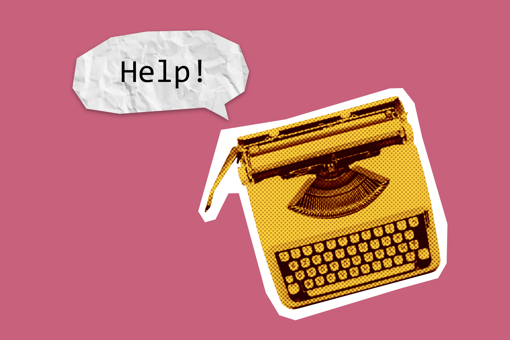 Retro typewriter shouting “Help” in speech bubble, concept of creative struggle, writing block, vintage distress communication.